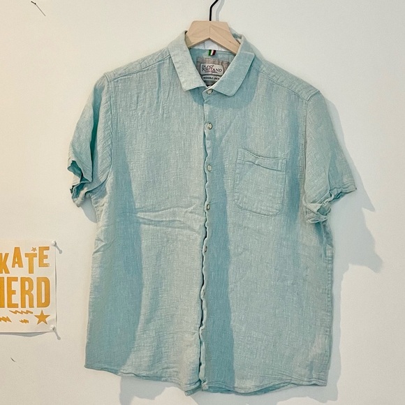 Bruno Positano Camp Shirt Men L Washable Linen Rayon  Button Short SLV Sea Blue - Picture 1 of 13